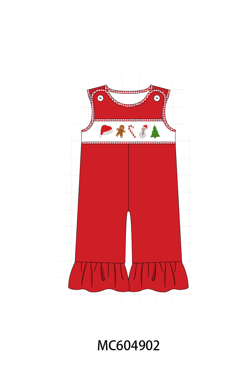Red Holly Jolly Embroidery Ruffle Jumpsuit