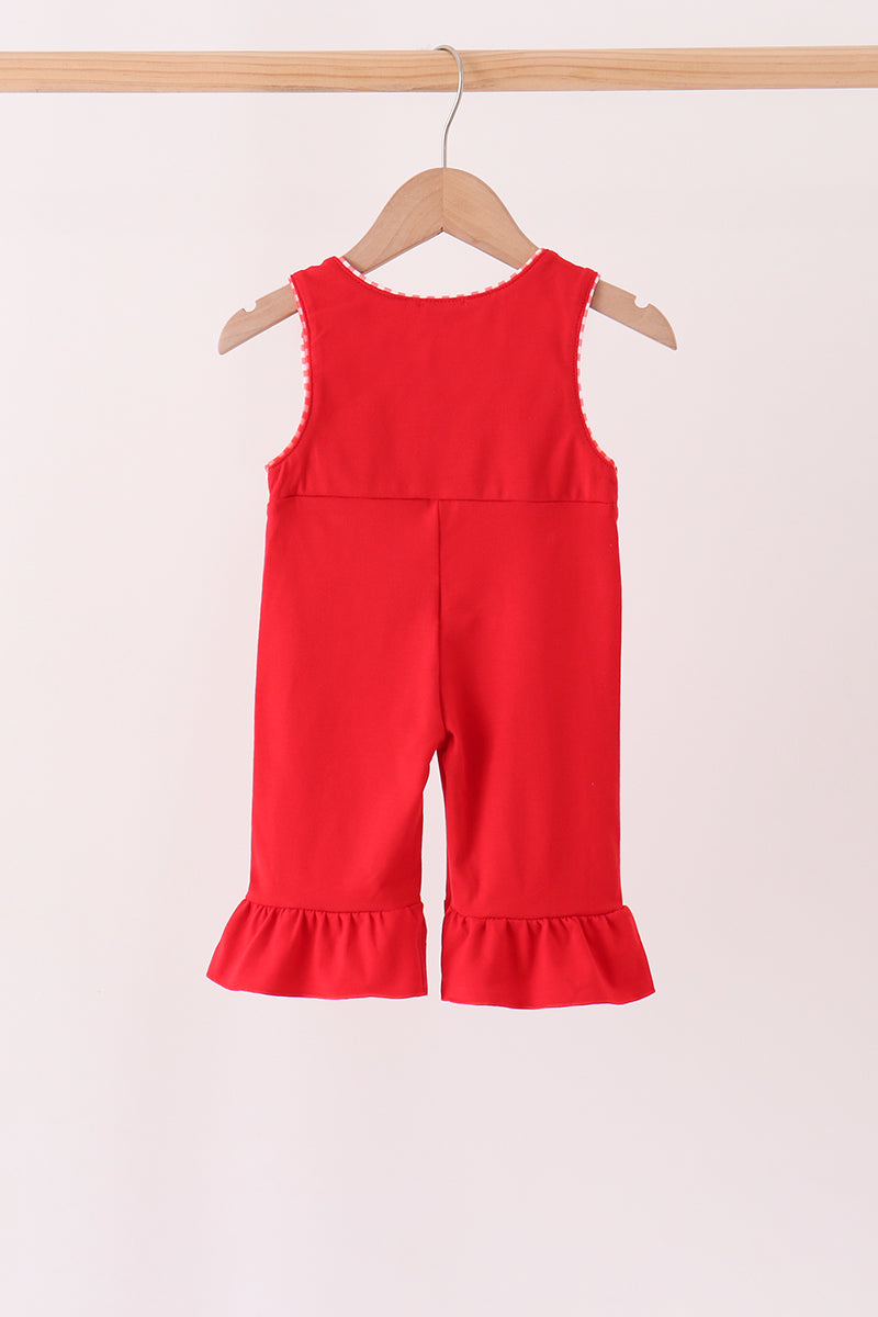 Red Holly Jolly Embroidery Ruffle Jumpsuit