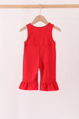 Red Holly Jolly Embroidery Ruffle Jumpsuit