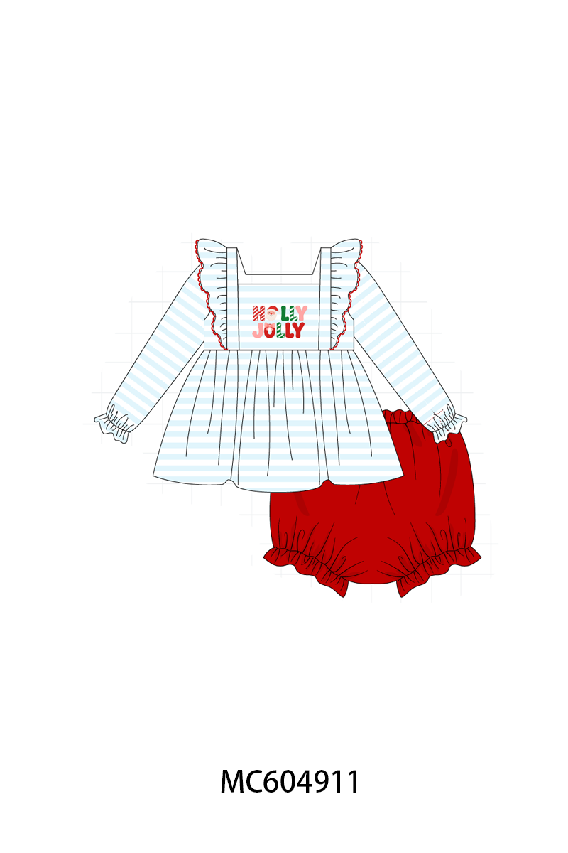 Blue Stripe Holly Jolly Ruffle Bloomer Set