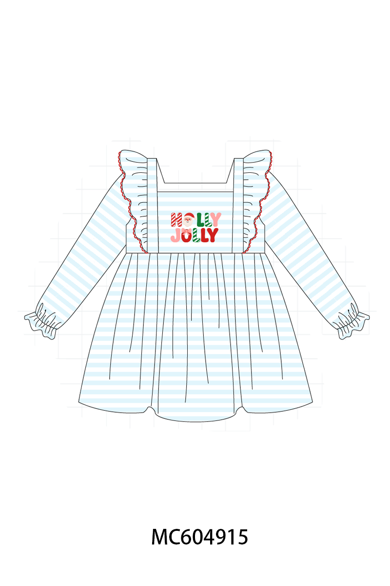 Blue Stripe Holly Jolly Ruffle Dress