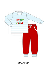 Blue Stripe Holly Jolly Embroidery Pants Set