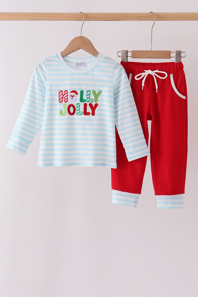 Blue Stripe Holly Jolly Embroidery Pants Set