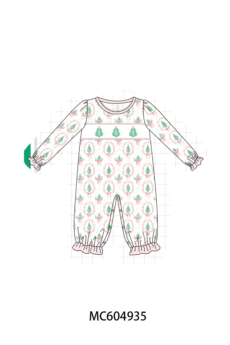 Pink Christmas Tree Embroidery Romper