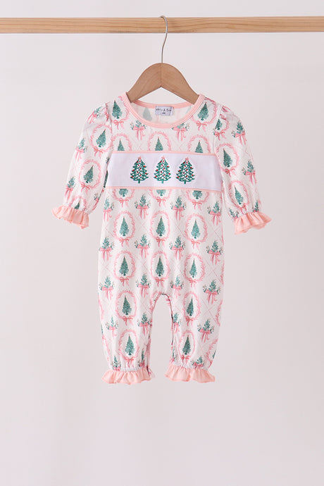Pink Christmas Tree Embroidery Romper