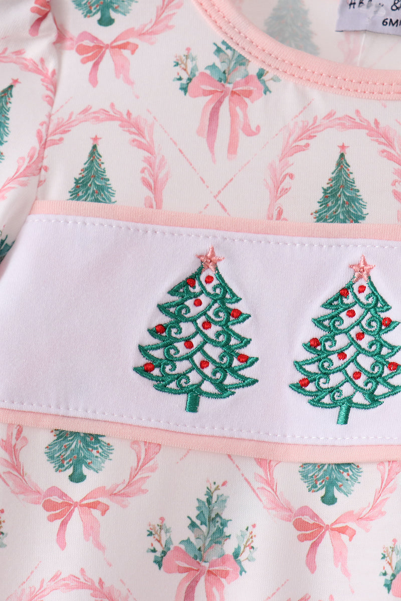 Pink Christmas Tree Embroidery Romper