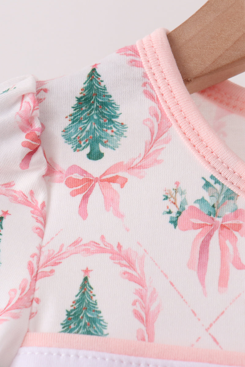 Pink Christmas Tree Embroidery Romper