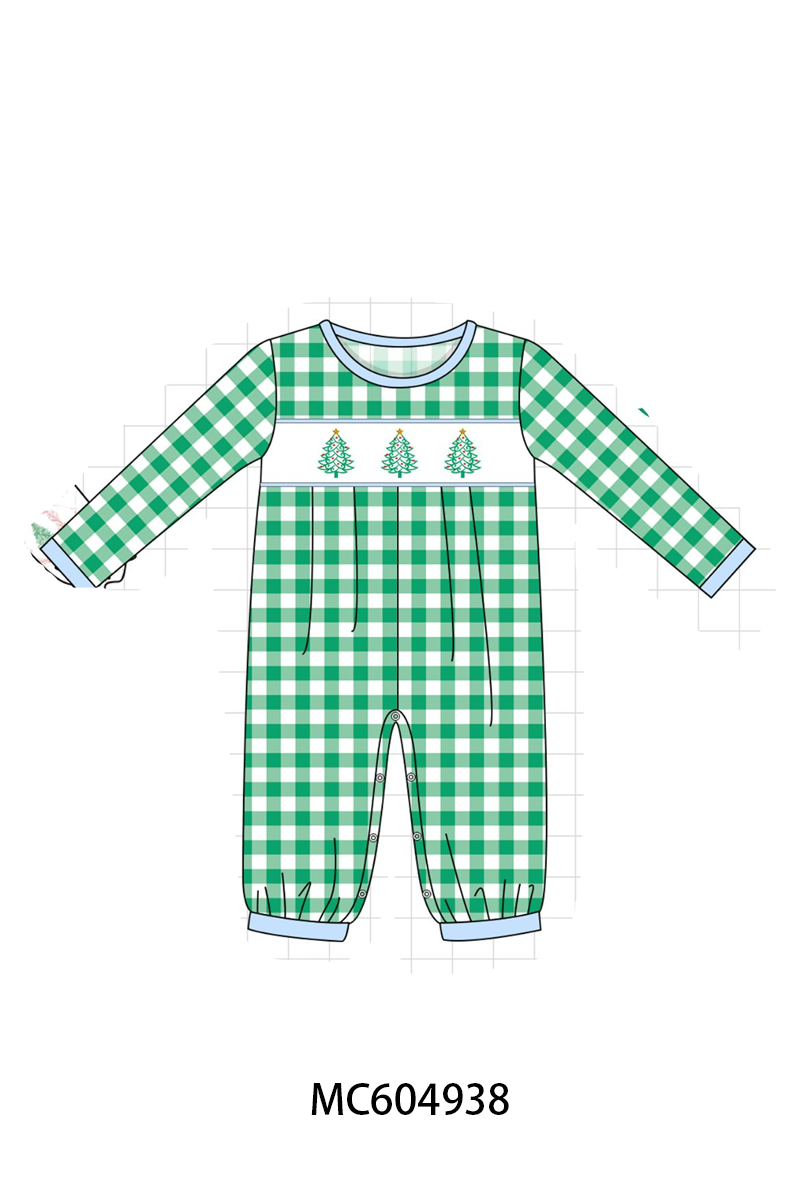 Green Christmas Tree Embroidery Gingham Romper