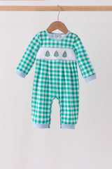 Green Christmas Tree Embroidery Gingham Romper