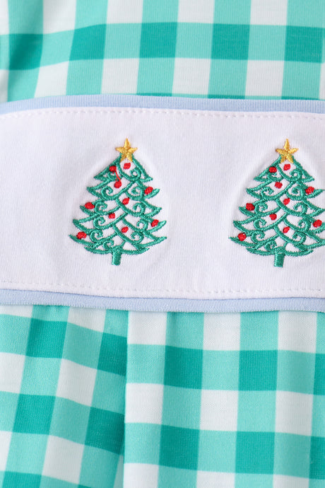 Green Christmas Tree Embroidery Gingham Romper