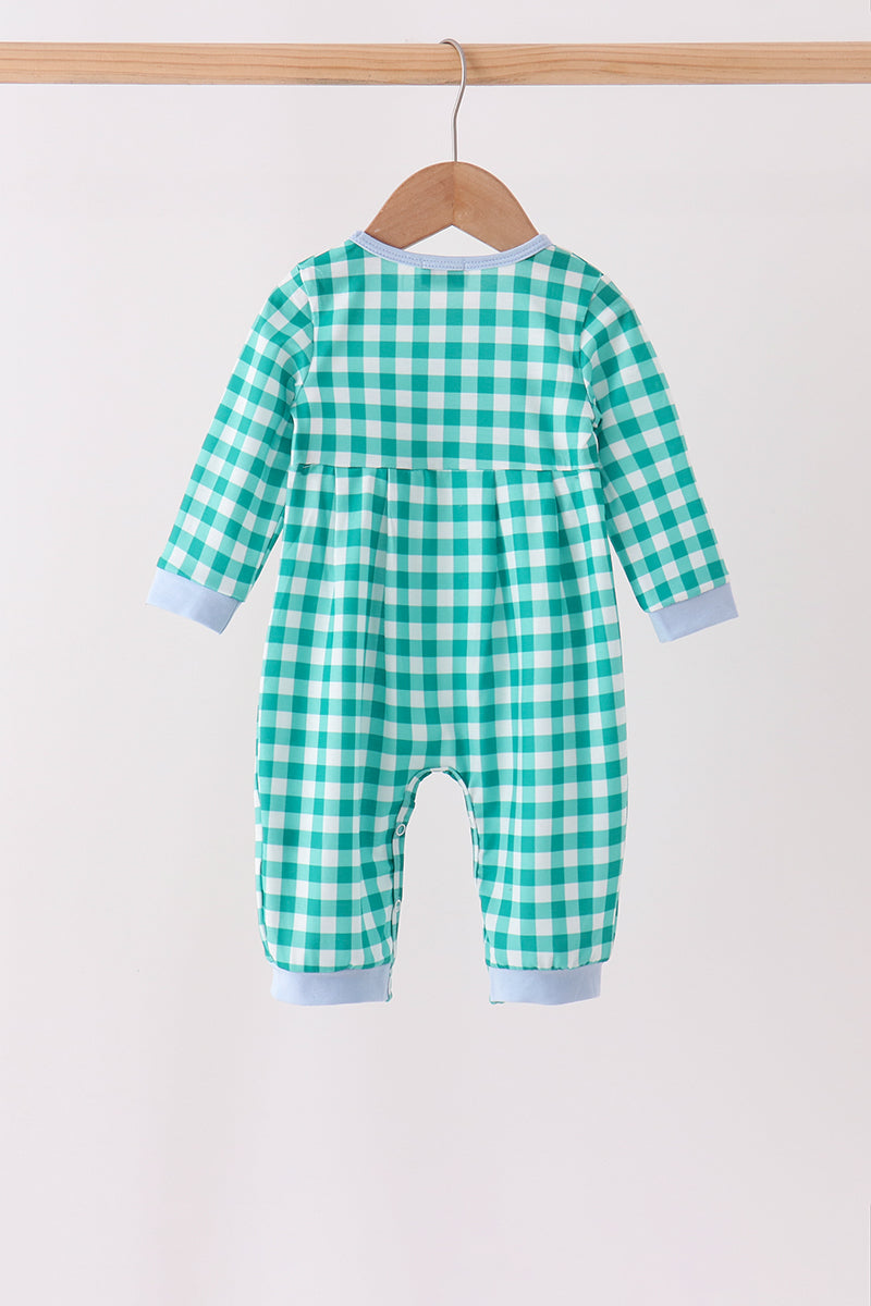 Green Christmas Tree Embroidery Gingham Romper
