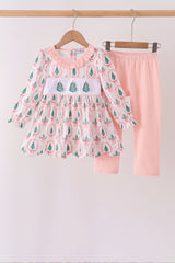 Pink Christmas Tree Embroidery Ruffle Pants Set