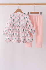 Pink Christmas Tree Embroidery Ruffle Pants Set
