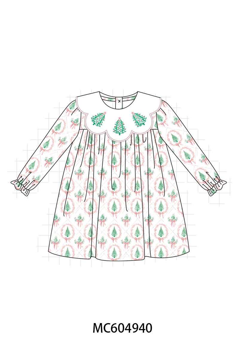 Pink Christmas Tree Embroidery Dress