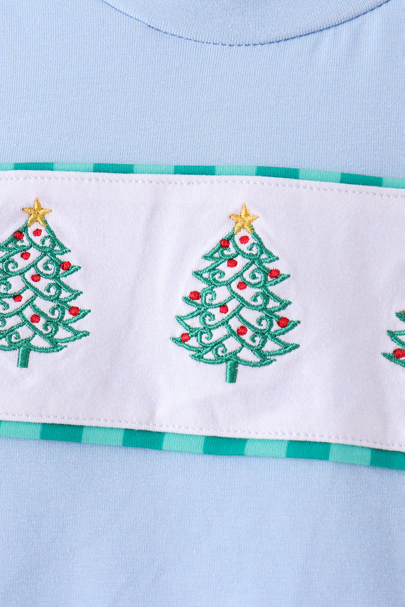 Green Christmas Tree Embroidery Gingham Pants Set