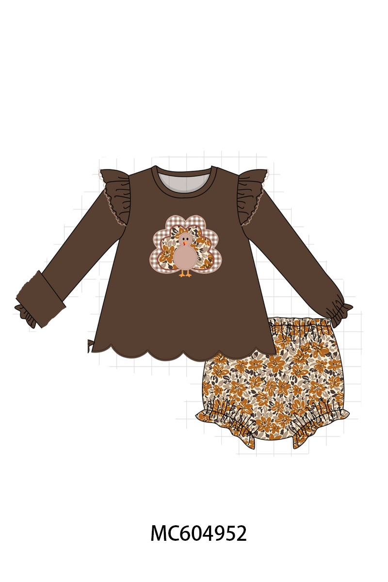 Brown Turkey Applique Ruffle Bloomer Set