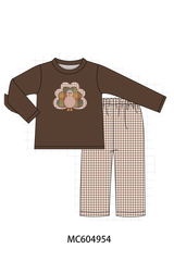 Brown Turkey Applique Gingham Pants Set