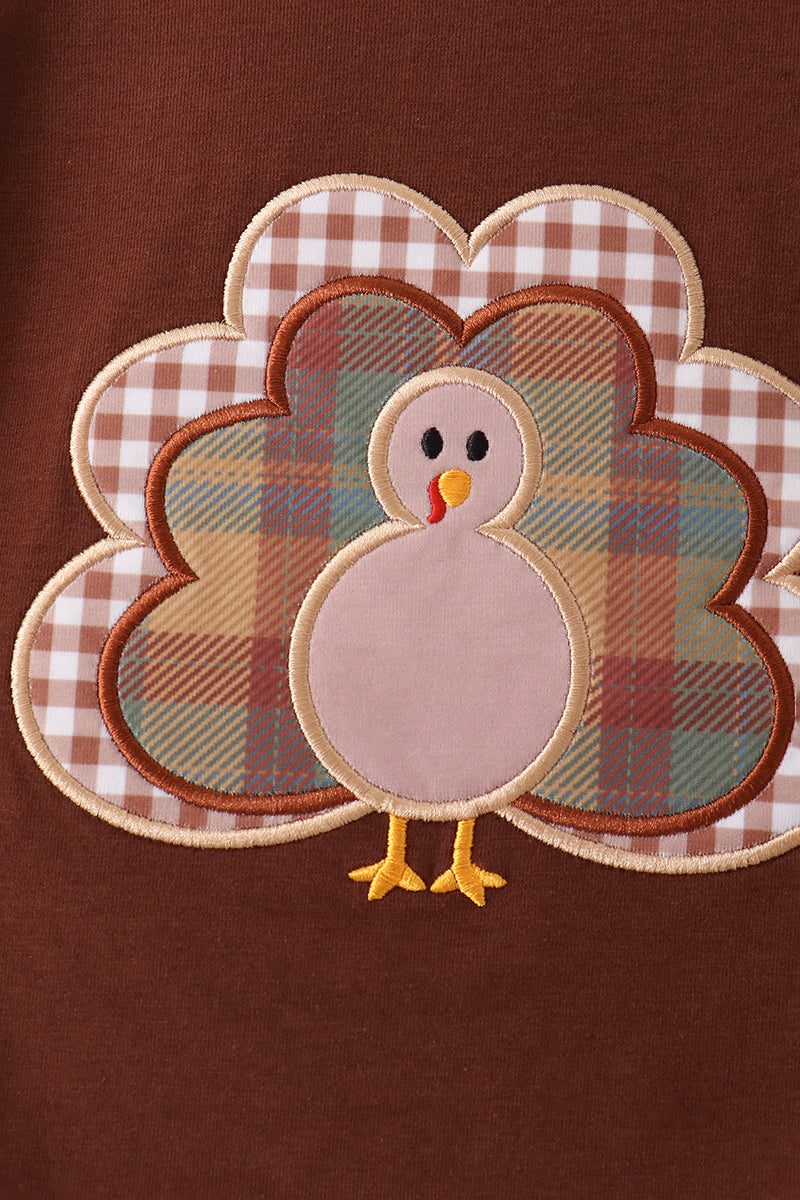 Brown Turkey Applique Gingham Pants Set