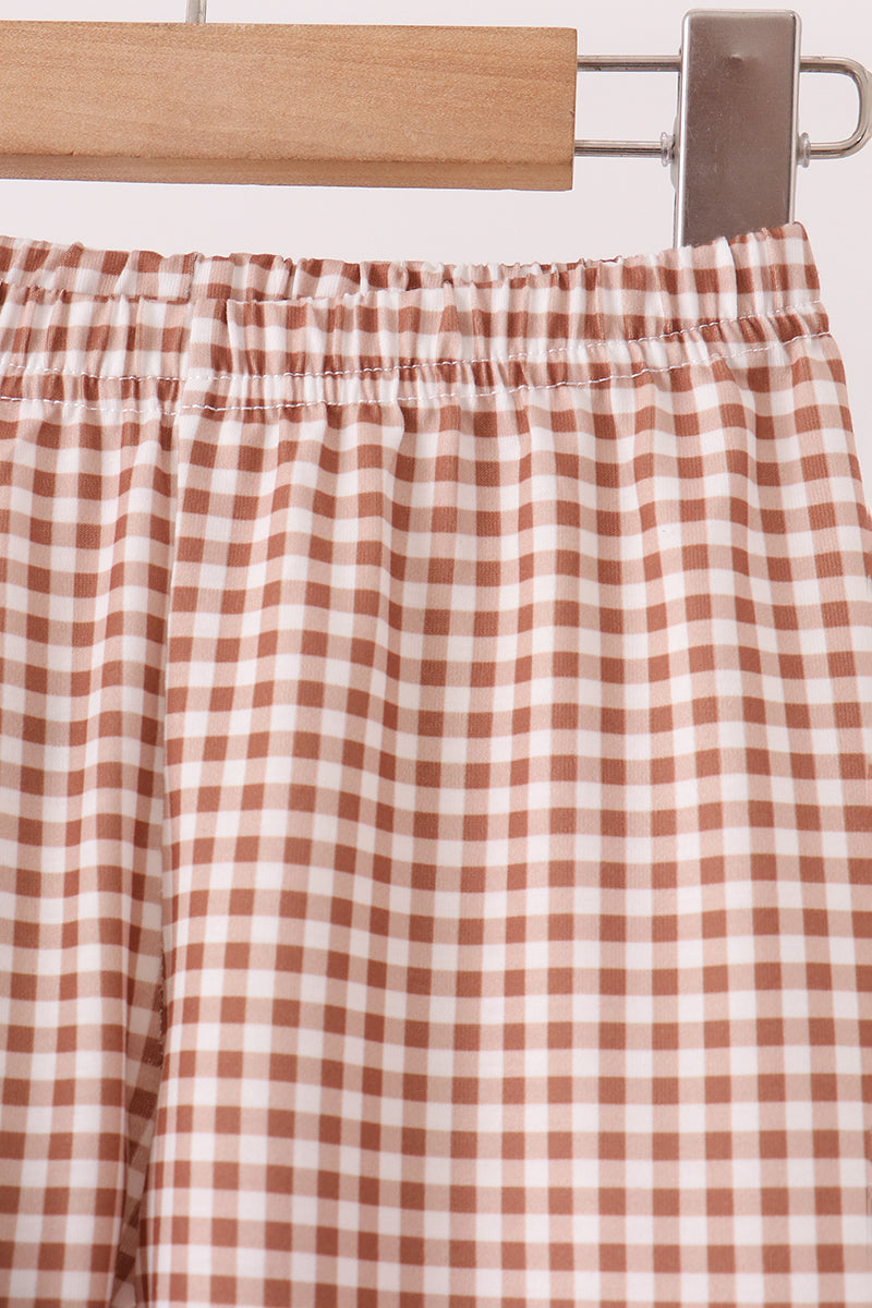 Brown Turkey Applique Gingham Pants Set