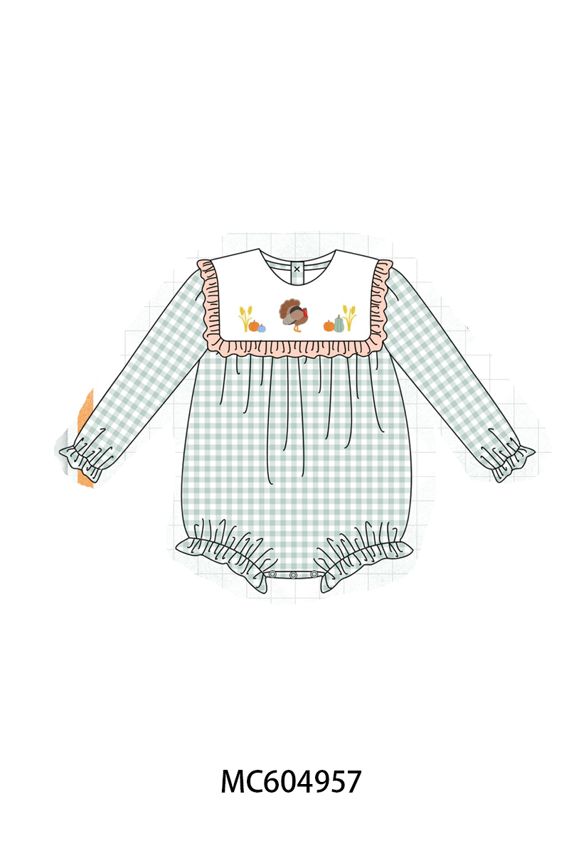 Sage Turkey Embroidery Ruffle Gingham Bubble
