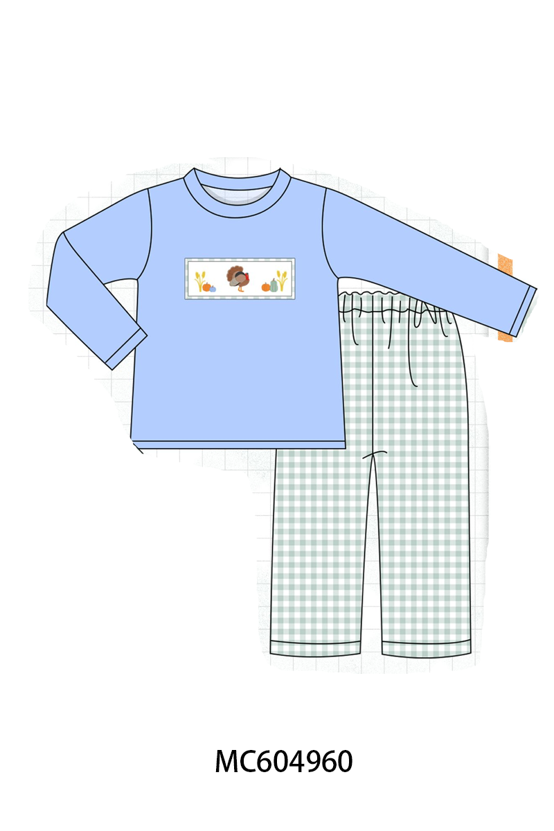 Sage Turkey Embroidery Gingham Pants Set
