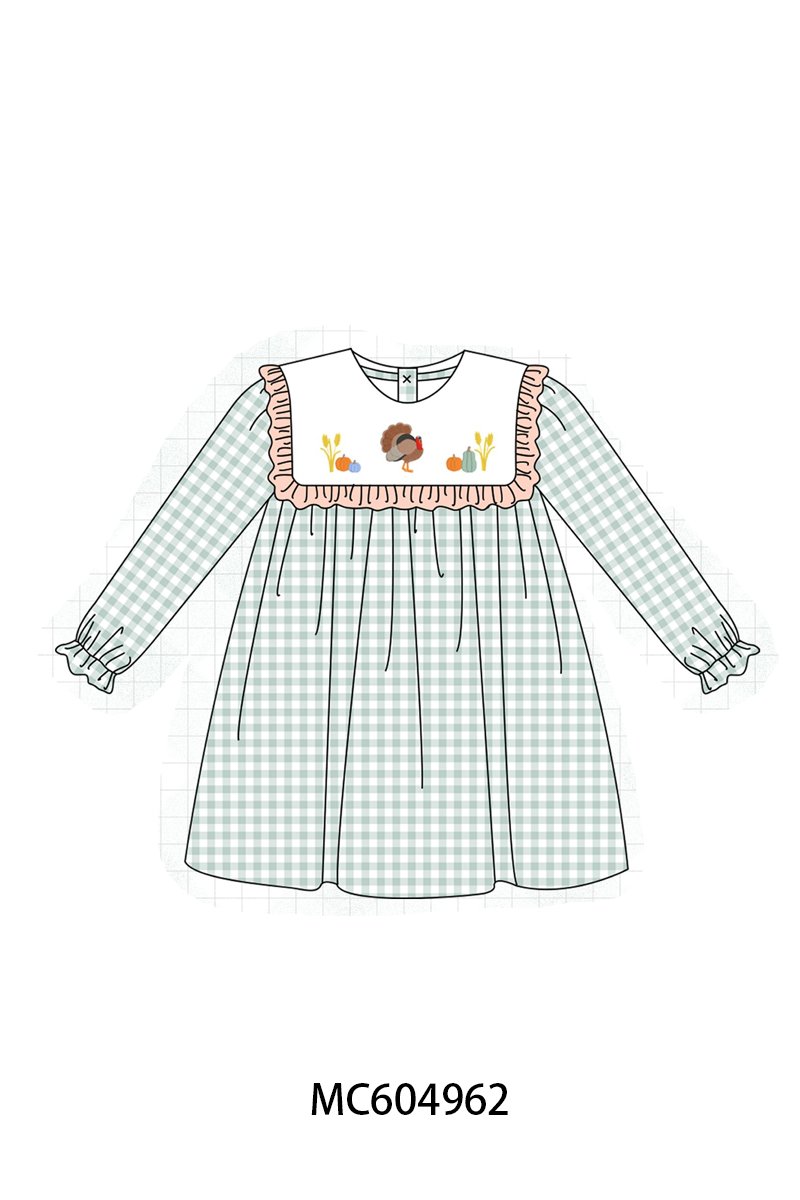 Sage Turkey Embroidery Gingham Ruffle Dress