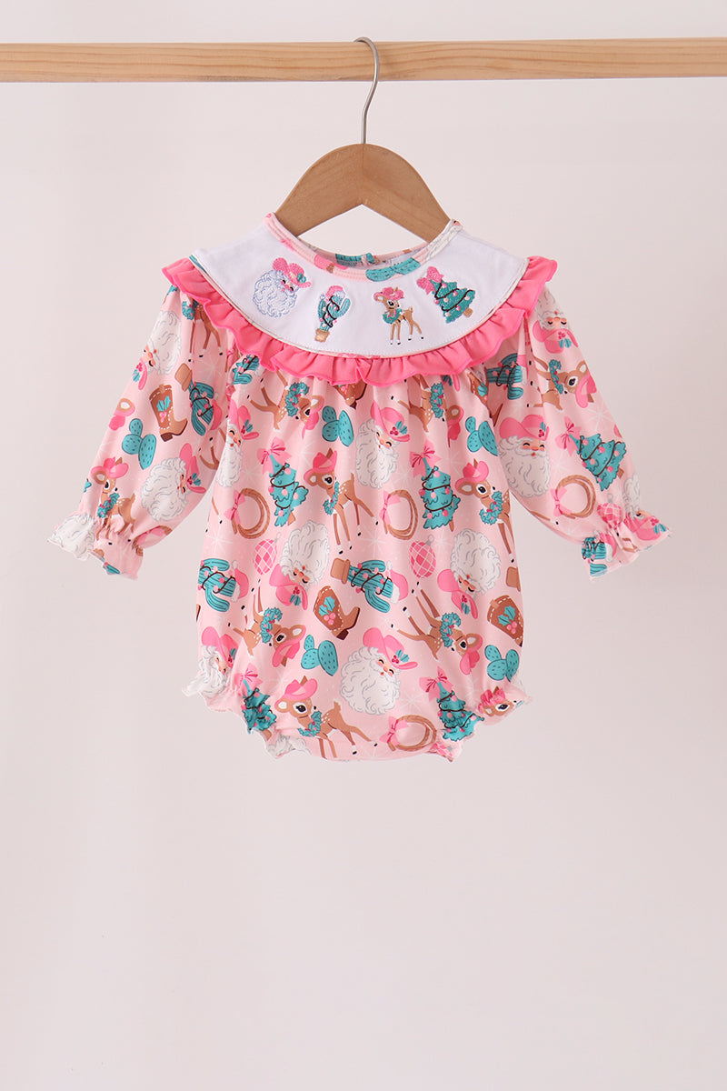 Pink Cowboy Santa Embroidery Ruffle Bubble