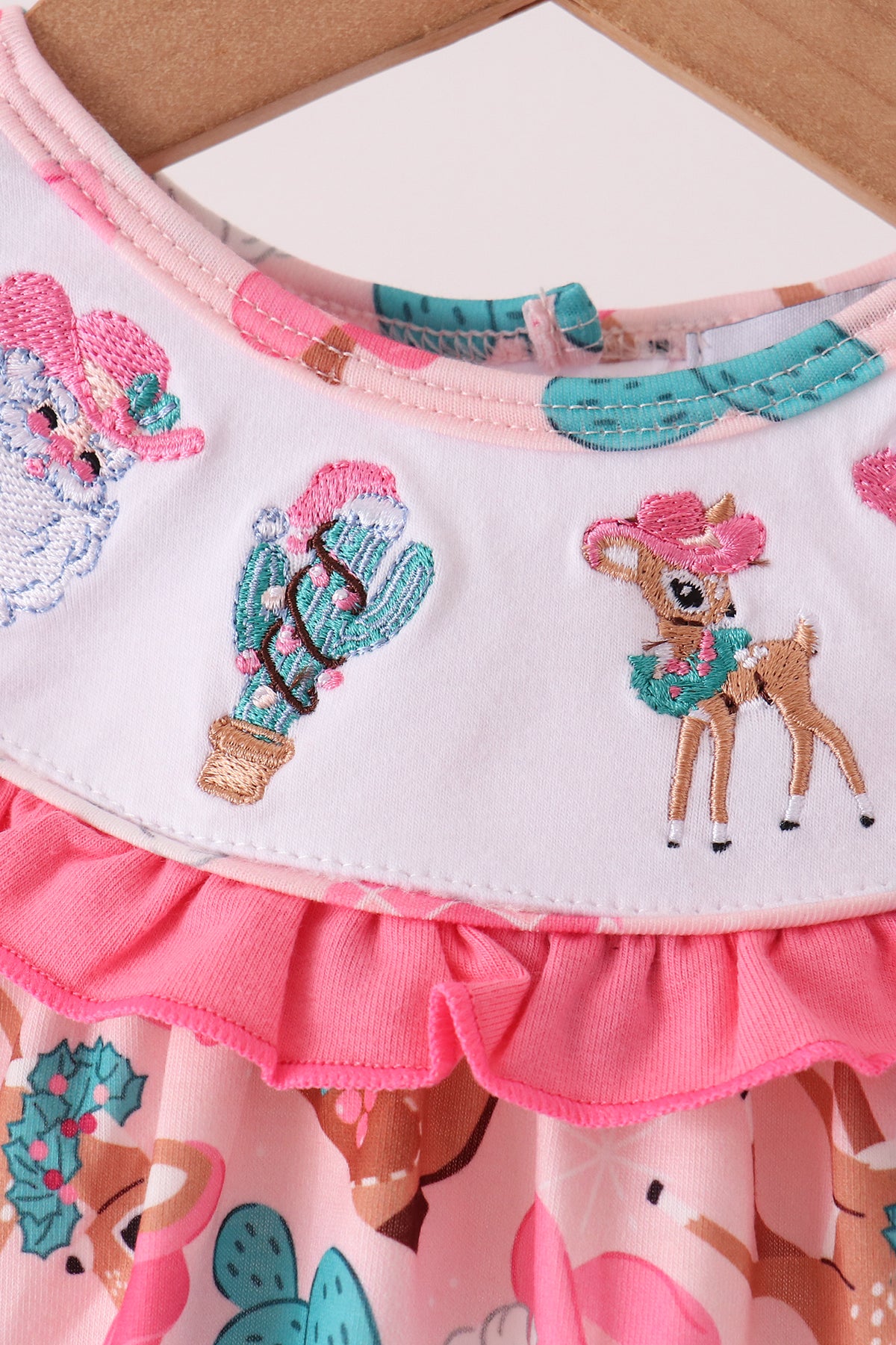 Pink Cowboy Santa Embroidery Ruffle Bubble