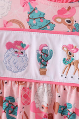 Pink Cowboy Santa Embroidery Ruffle Pants Set