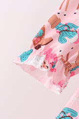 Pink Cowboy Santa Embroidery Ruffle Pants Set