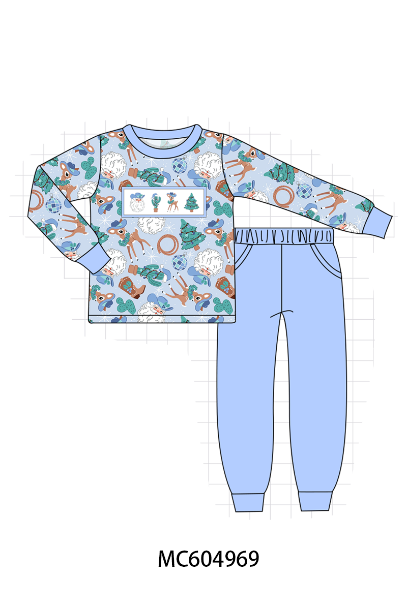 Blue Cowboy Santa Embroidery Pants Set
