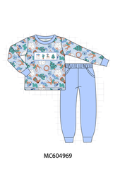Blue Cowboy Santa Embroidery Pants Set