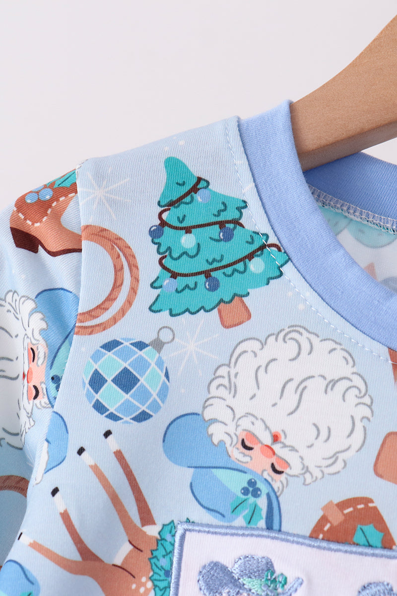 Blue Cowboy Santa Embroidery Pants Set