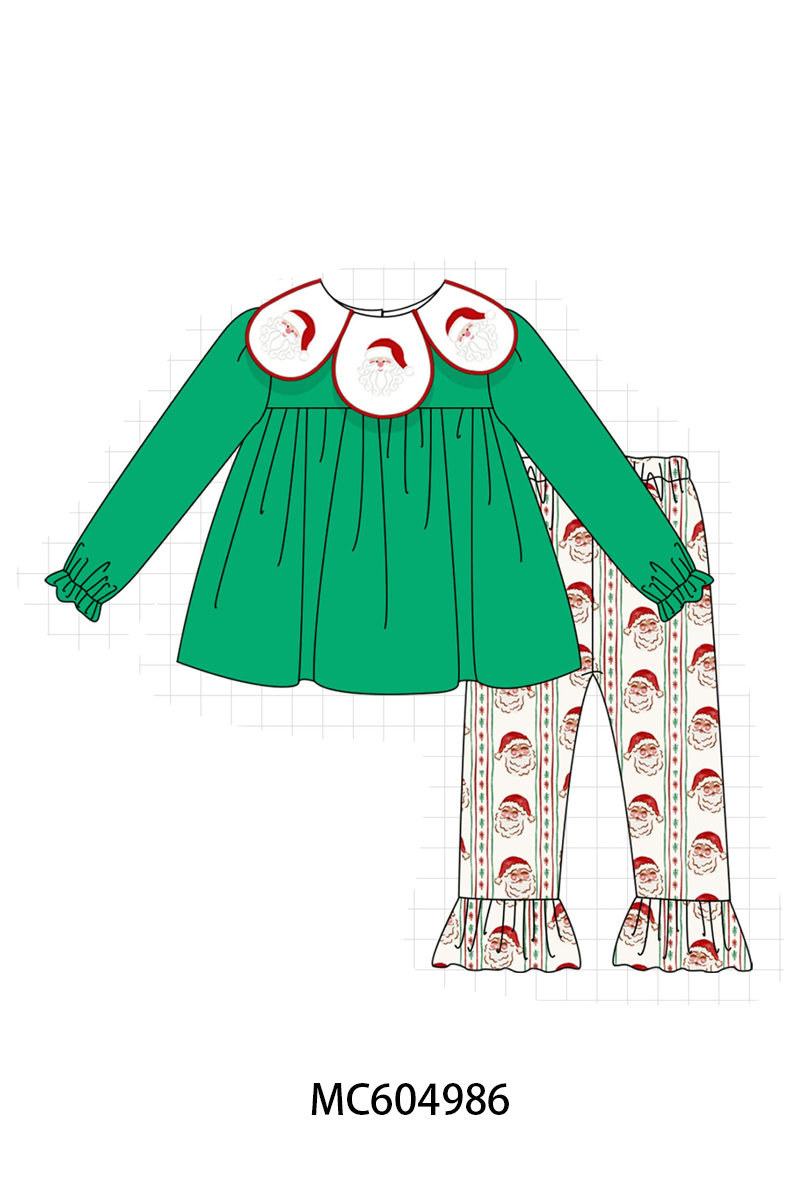 Green Santa Embroidery Ruffle Pants Set