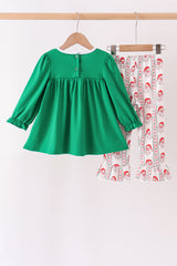 Green Santa Embroidery Ruffle Pants Set