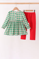 Green Holly Jolly Embroidery Plaid Pants Set