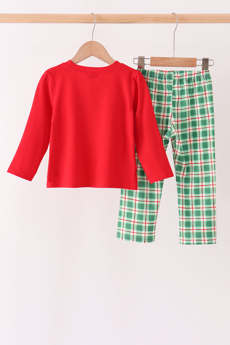 Red Holly Jolly Embroidery Plaid Pants Set