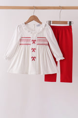 White Candy Cane Smocked polka dot Ruffle Pants Set