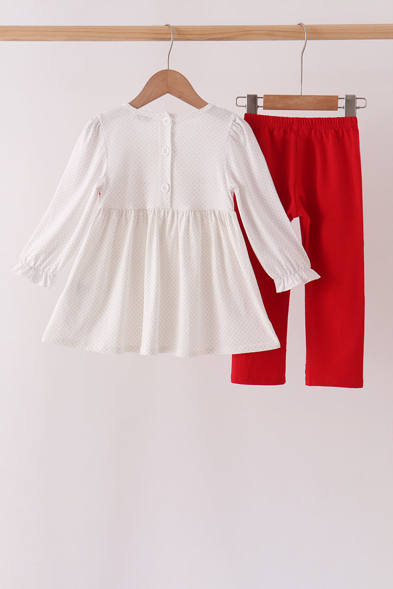 White Candy Cane Smocked polka dot Ruffle Pants Set