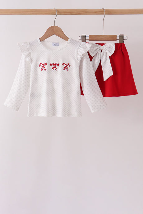 White Candy Cane Smocked polka dot Ruffle Skorts Set