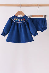 Blue corduroy Nativity Embroidery Bloomer Set