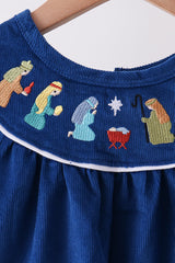 Blue corduroy Nativity Embroidery Bloomer Set