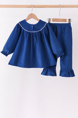 Blue Nativity corduroy Embroidery Ruffle Pants Set
