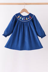 Blue corduroy Nativity Embroidery Dress