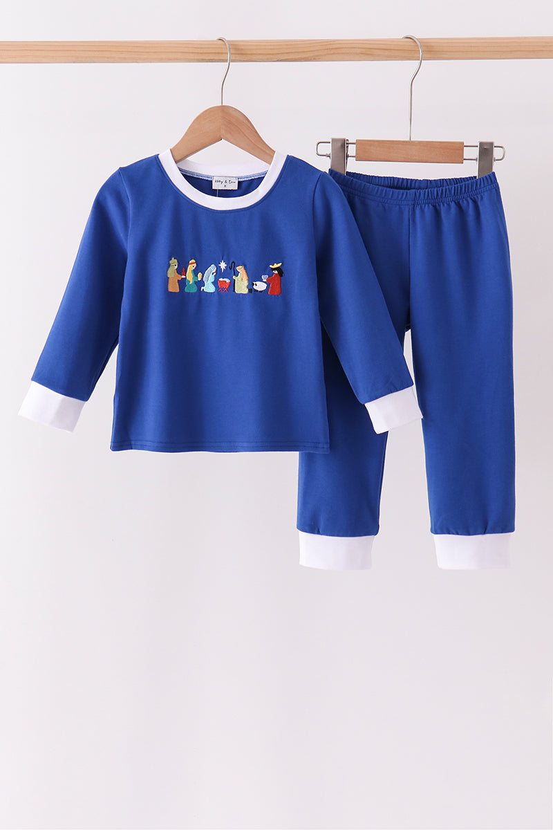 Blue Nativity Embroidery Pants Set