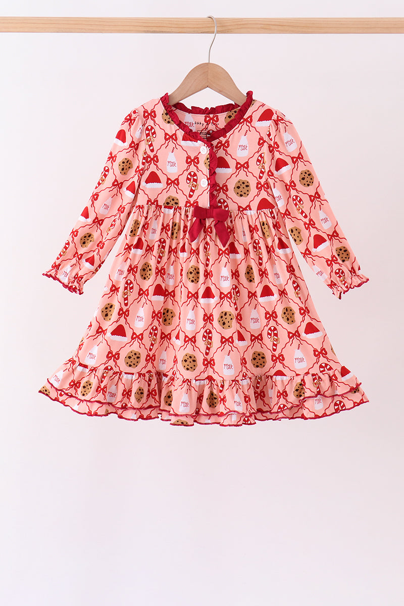 Pink Candy Cane Bow Ruffle Bamboo Dress
