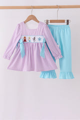 Purple Stripe Frozen Embroidery Ruffle Pants Set