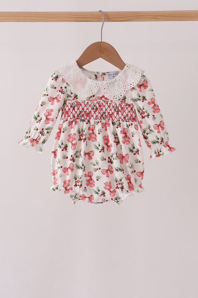 Red Holly Bow Smocked Lace Bubble