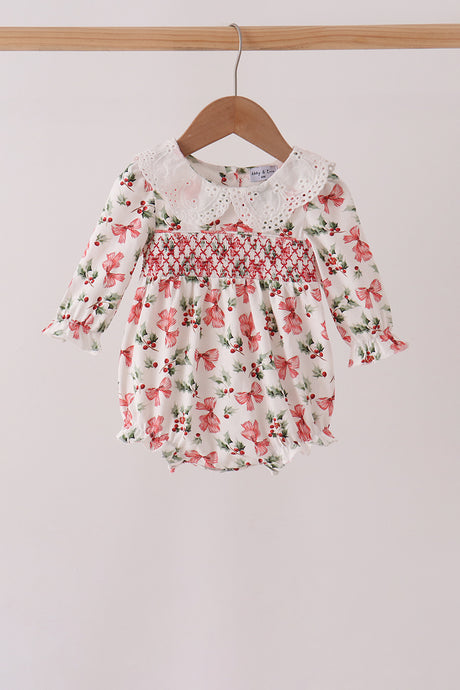 Red Holly Bow Smocked Lace Bubble