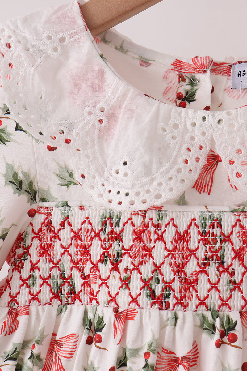 Red Holly Bow Smocked Lace Bloomer Set